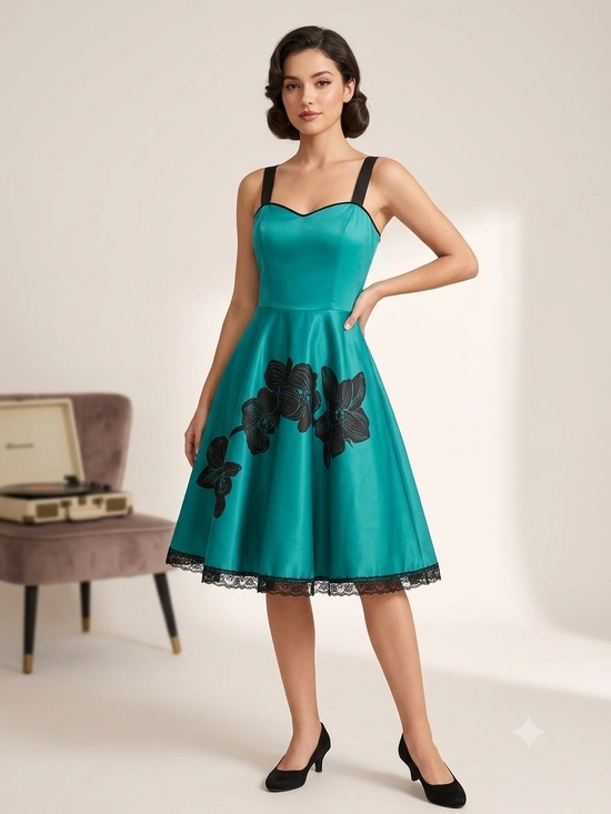 Blackbird Studio Dresses & Skirts - Vintage Inspired Blackbird Studio Turquoise with Floral Print Dress Size Medium